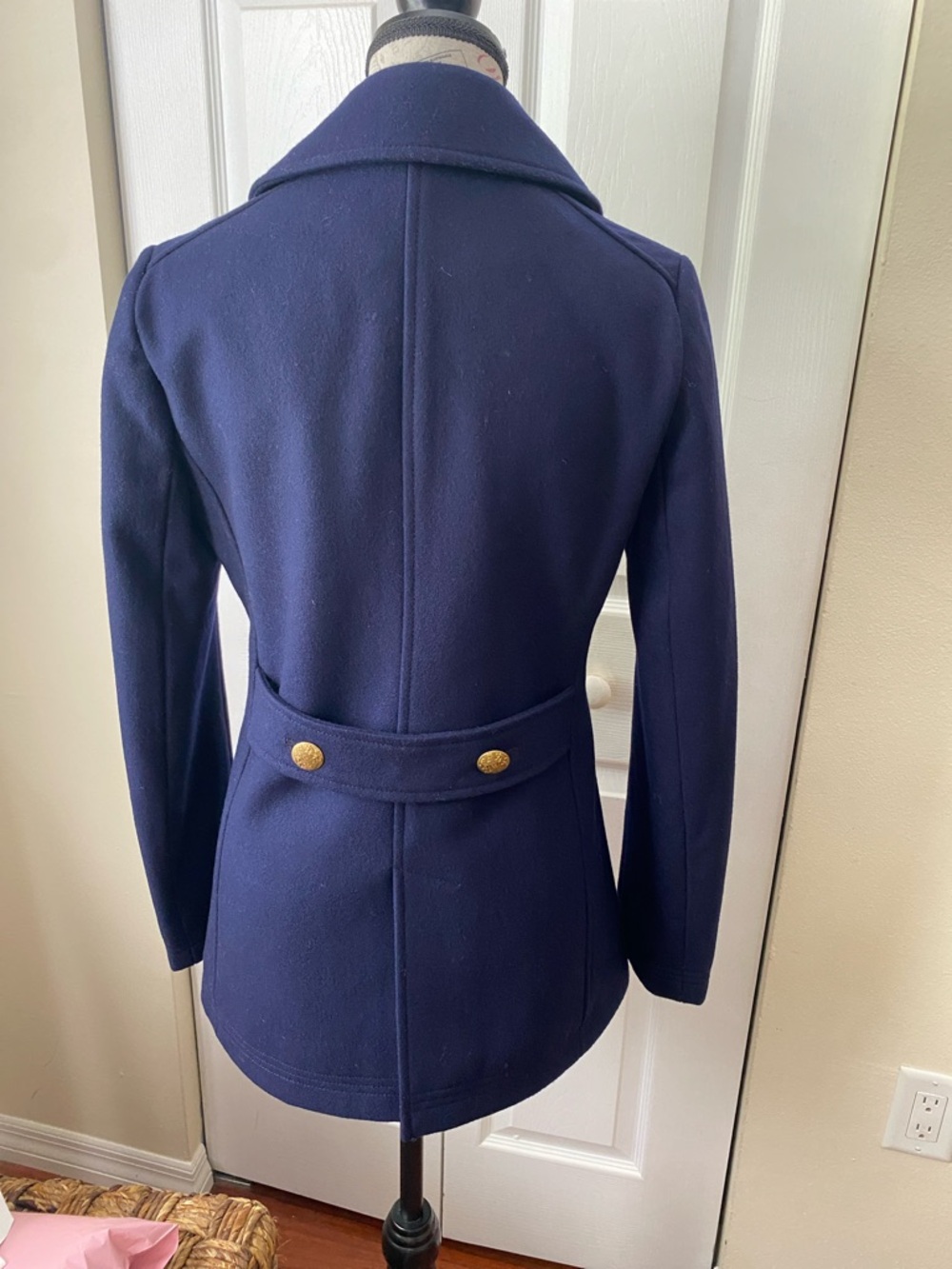 J.Crew Navy Wool Blend Pea Coat Gold Buttons Size 0 Classic Tailored Jacket - Picture 4 of 12
